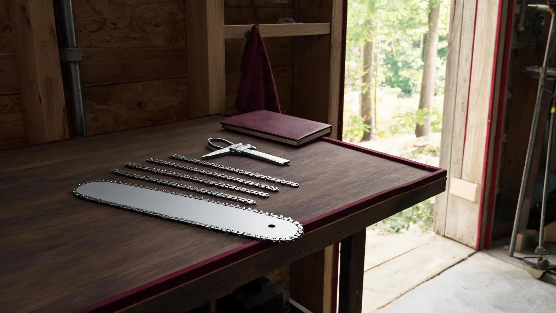 Chainsaw chain specification check on a woodland workshop bench